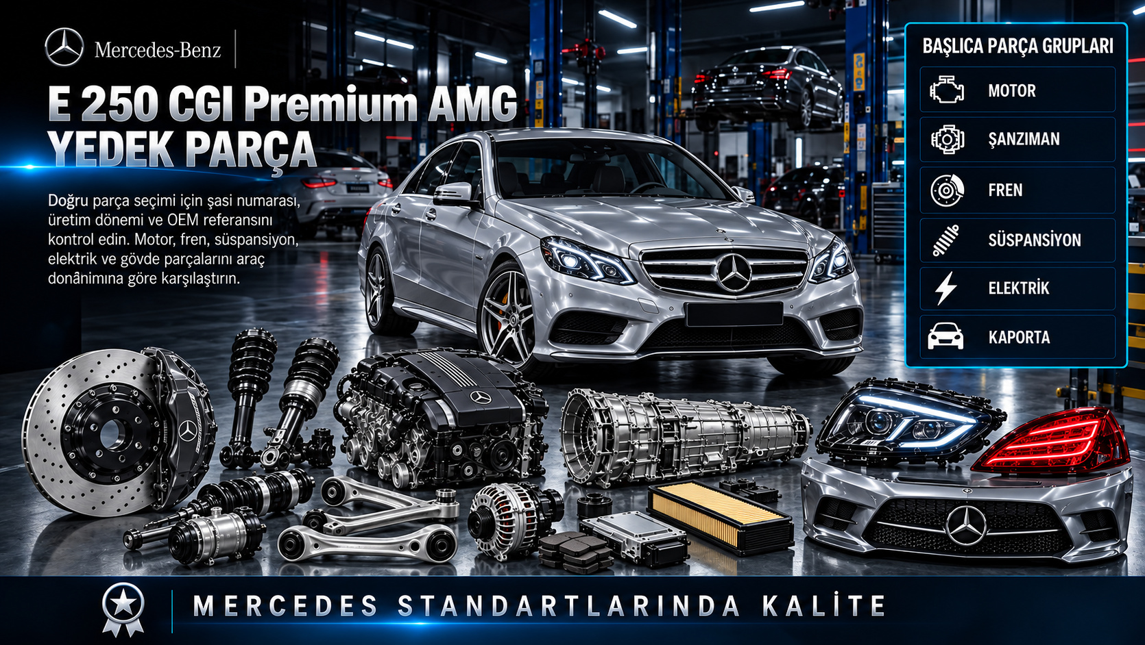 Mercedes E 250 CGI Premium AMG Yedek Parça: motor, aktarma, fren, süspansiyon ve gövde parçaları