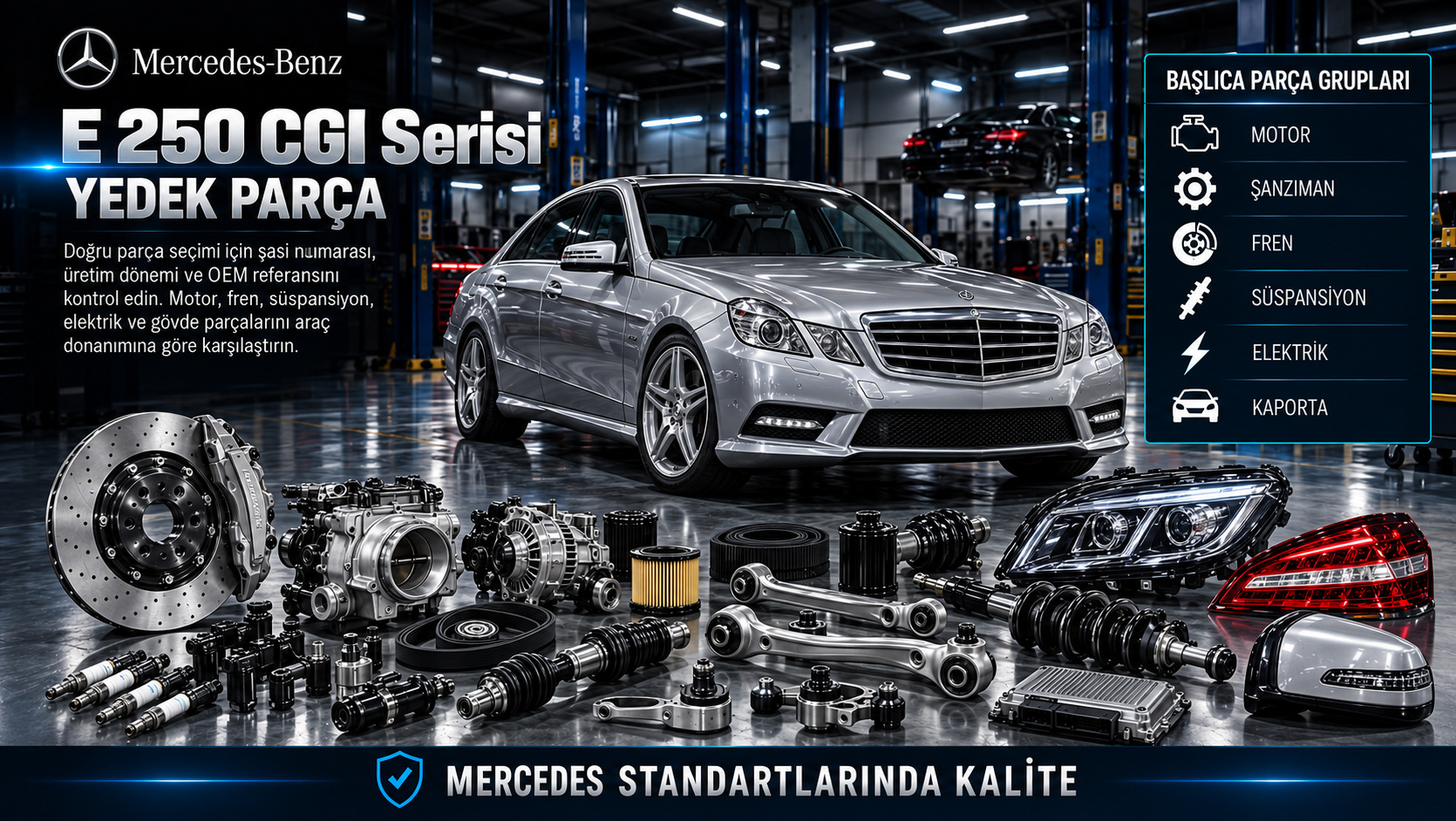 Mercedes E 250 CGI benzinli motor, enjeksiyon, şanzıman ve fren parçaları