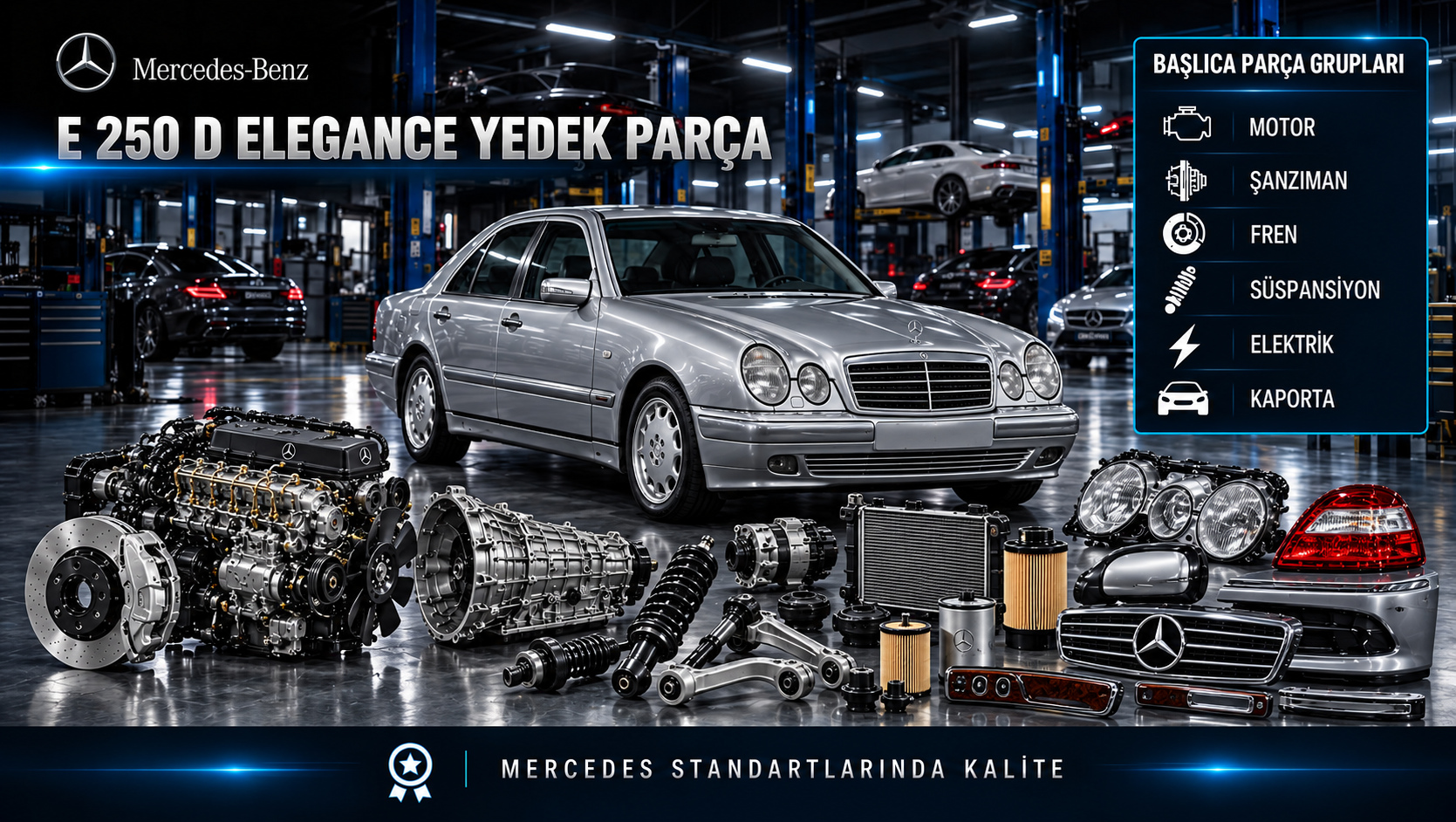 Mercedes-Benz E 250 D Elegance için dizel motor, yakıt besleme, bakım, fren, süspansiyon ve klasik trim parçalarını gösteren kategori görseli