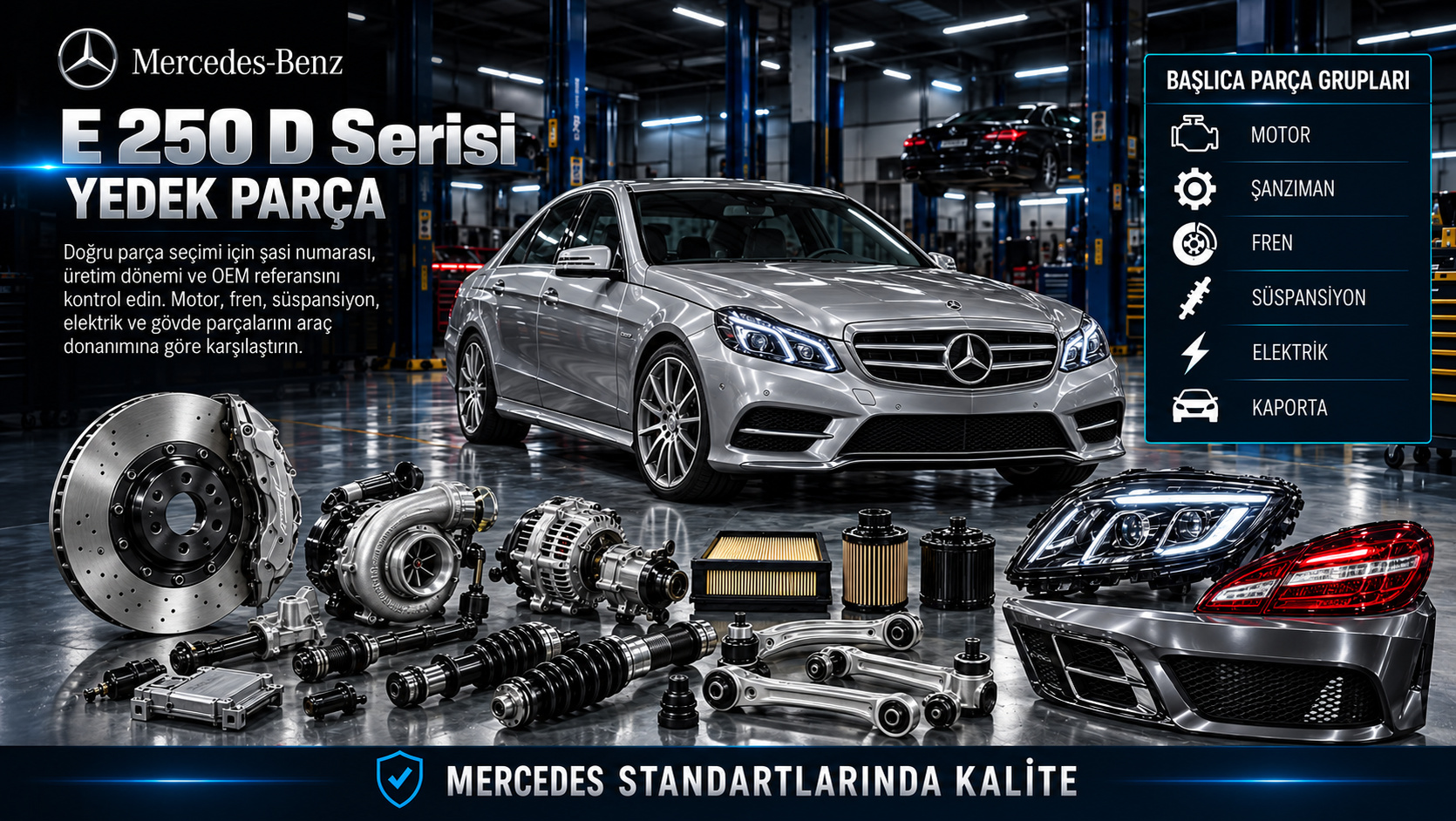 Mercedes E 250 D dizel motor, yakıt, soğutma, fren ve gövde parçaları