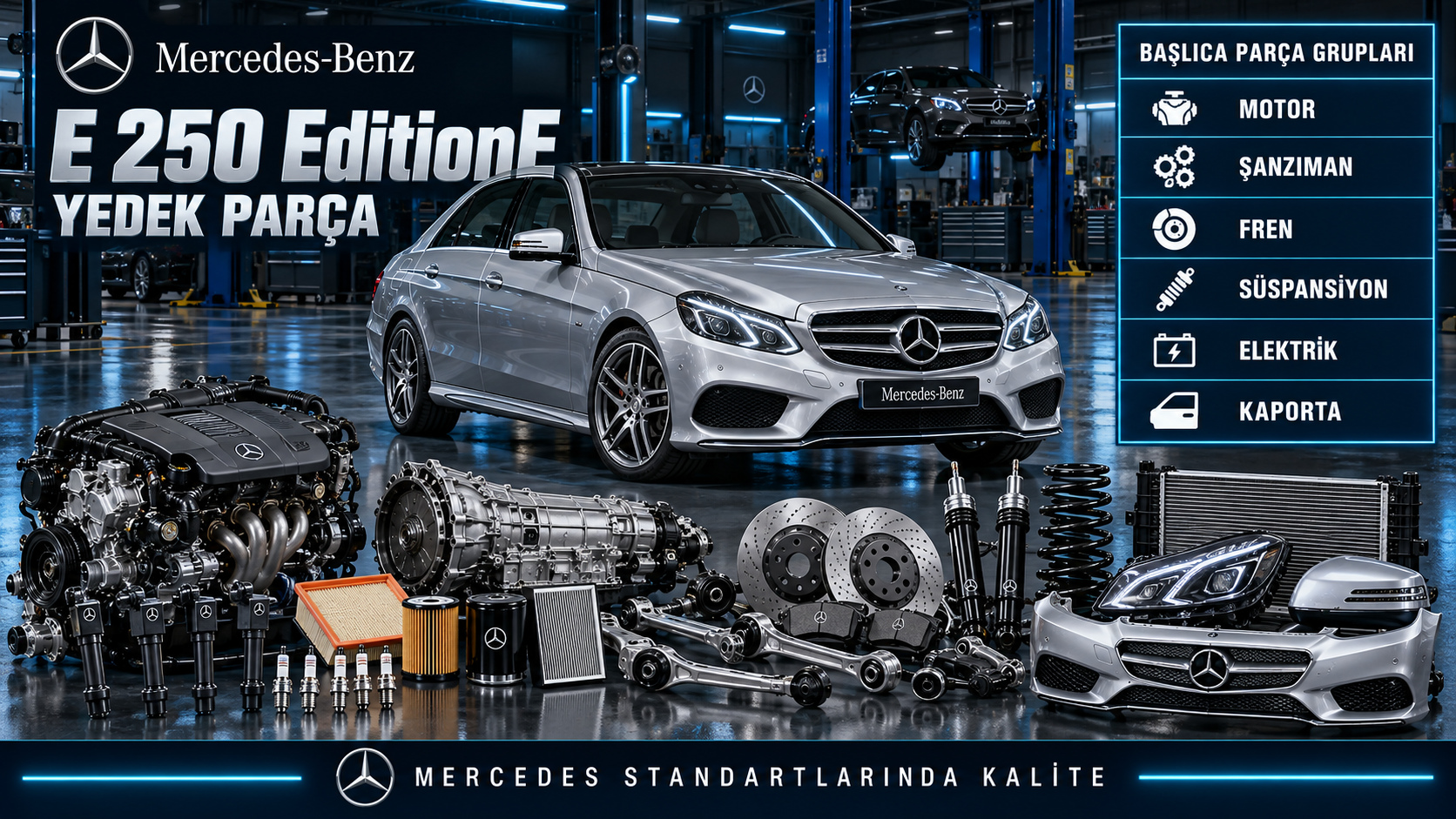 Mercedes E 250 EditionE motor, bakım, fren, süspansiyon ve donanım parçaları