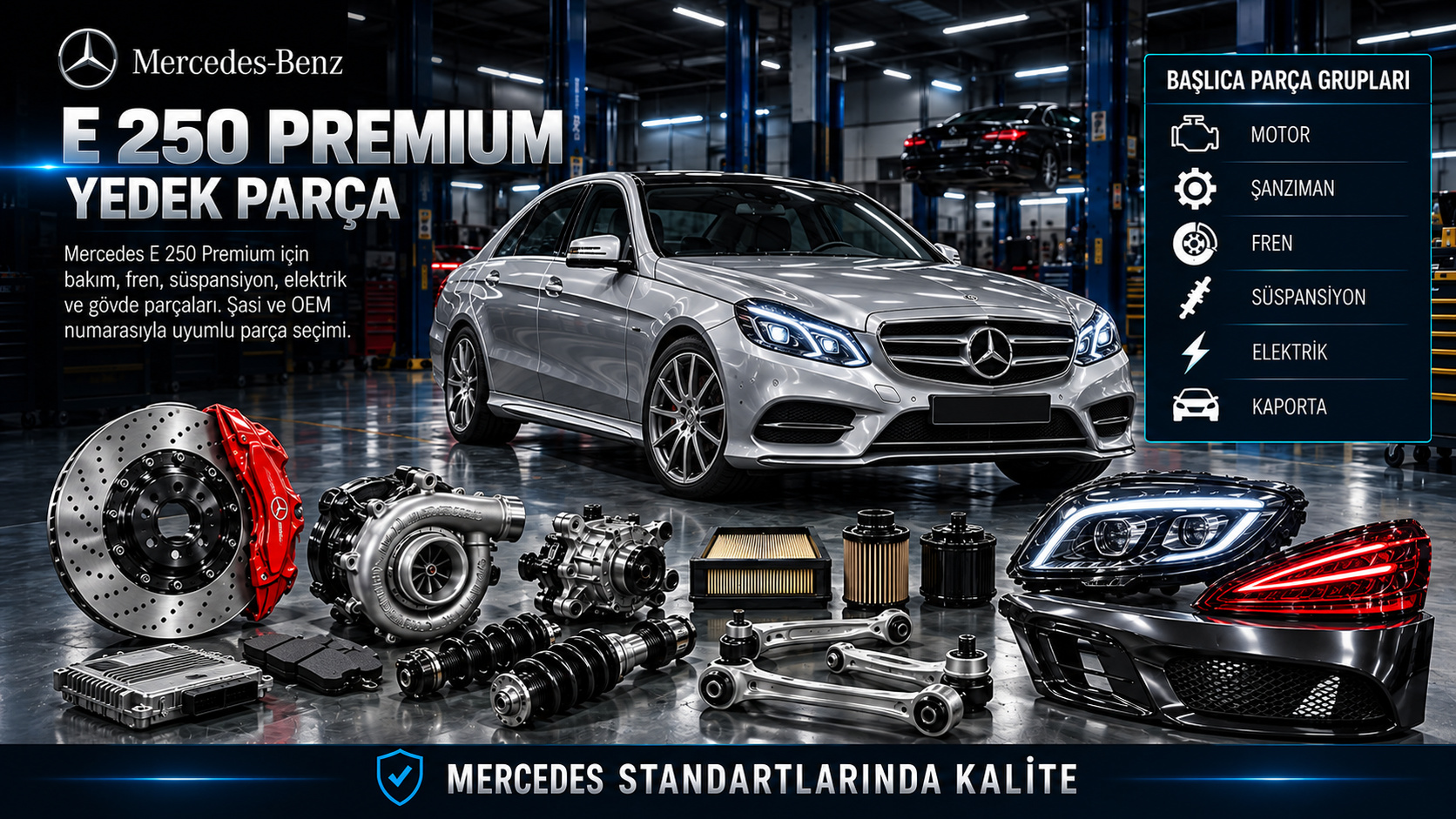 Mercedes E 250 Premium motor, ateşleme, şanzıman, fren, süspansiyon, elektrik ve kaporta parçaları