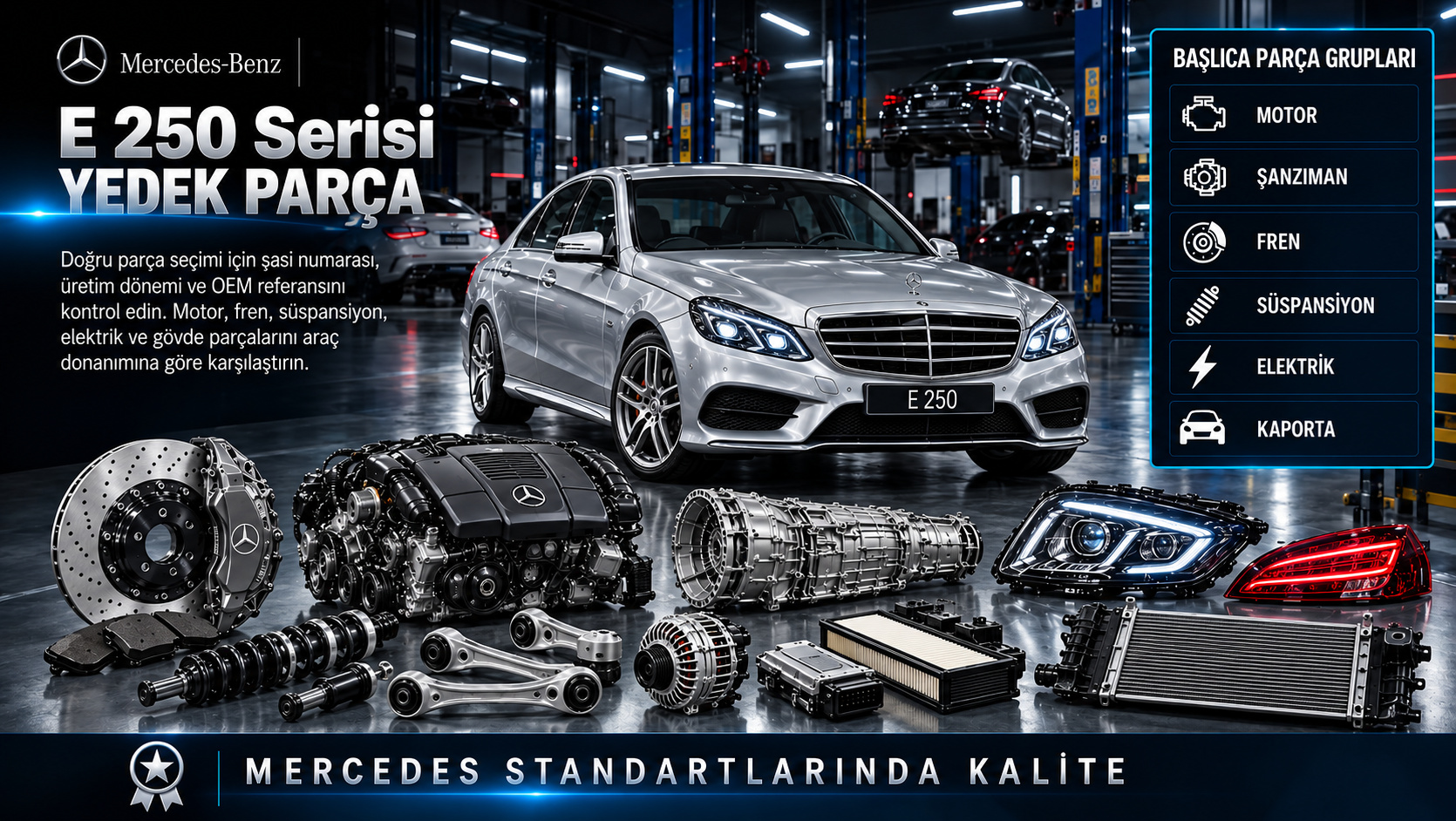 Mercedes E 250 Serisi motor, soğutma, şanzıman, fren ve gövde yedek parçaları