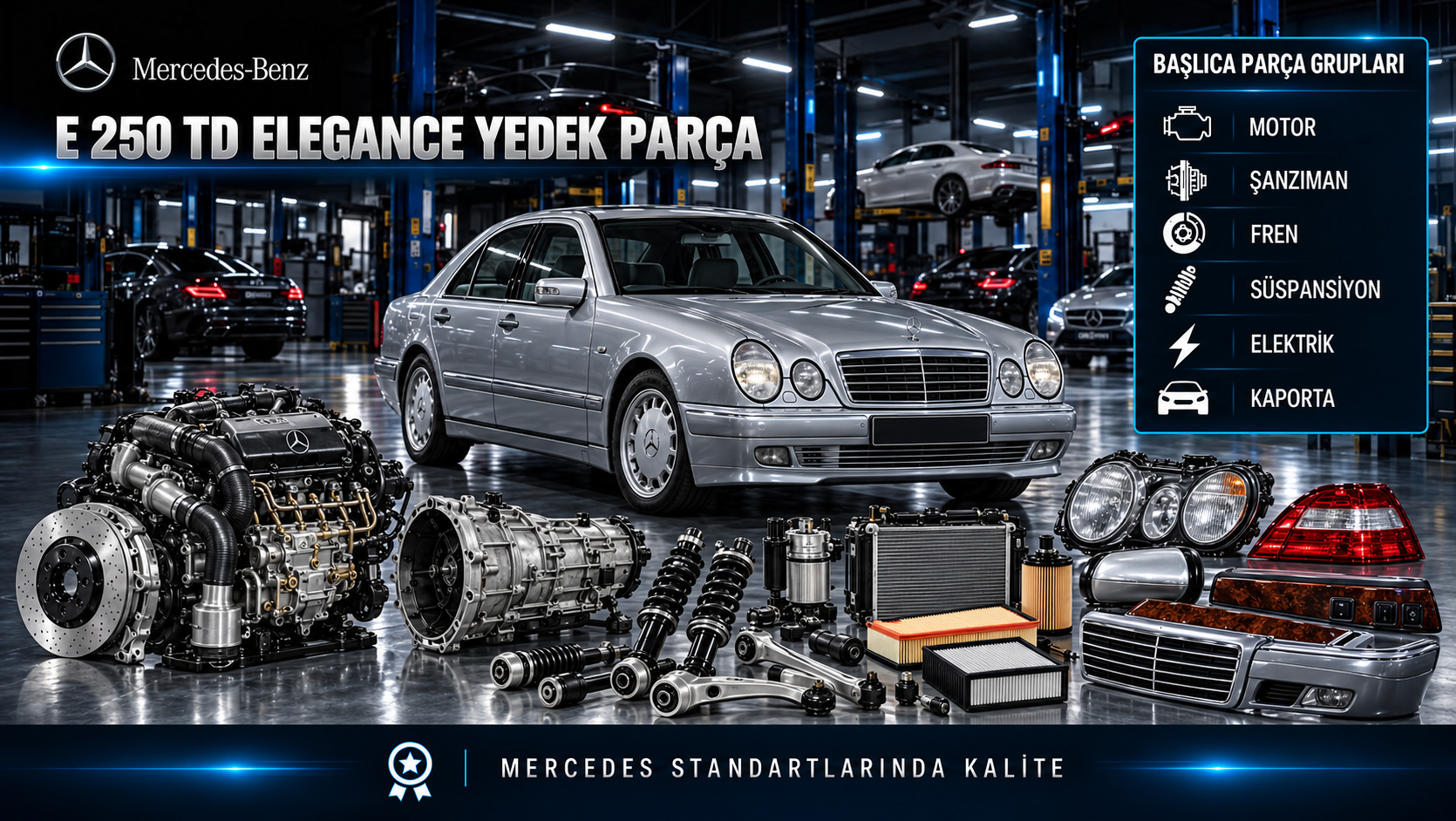 Mercedes-Benz E 250 TD Elegance için turbo dizel motor, yakıt, soğutma, bakım, fren ve klasik gövde parçalarını gösteren kategori görseli