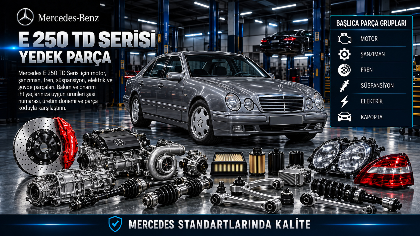 Mercedes E 250 TD dizel motor, yakıt, turbo, soğutma ve bakım parçaları
