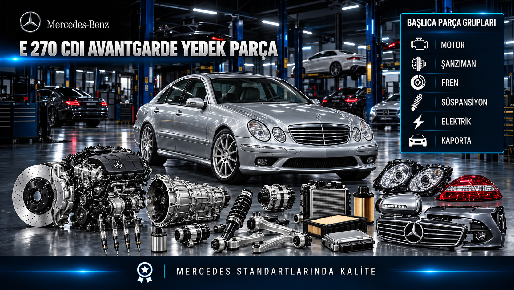 Mercedes-Benz E 270 CDI Avantgarde için dizel motor, enjektör, bakım, soğutma, fren ve konfor parçalarını gösteren kategori görseli