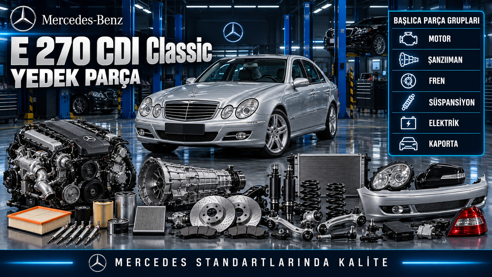 Mercedes E 270 CDI Classic dizel motor, bakım, fren ve süspansiyon parçaları