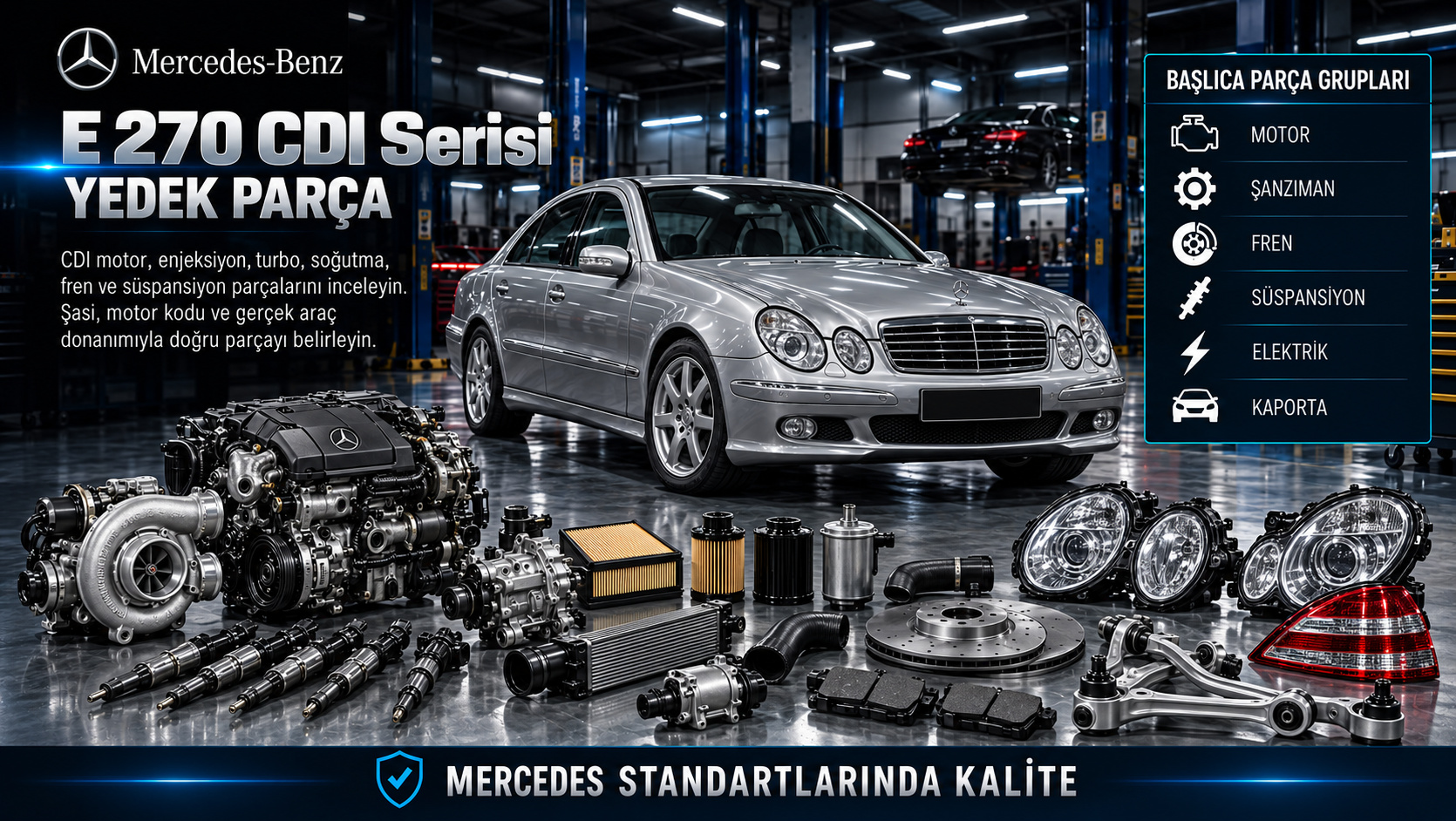 Mercedes E 270 CDI dizel motor, enjeksiyon, turbo, fren ve süspansiyon parçaları