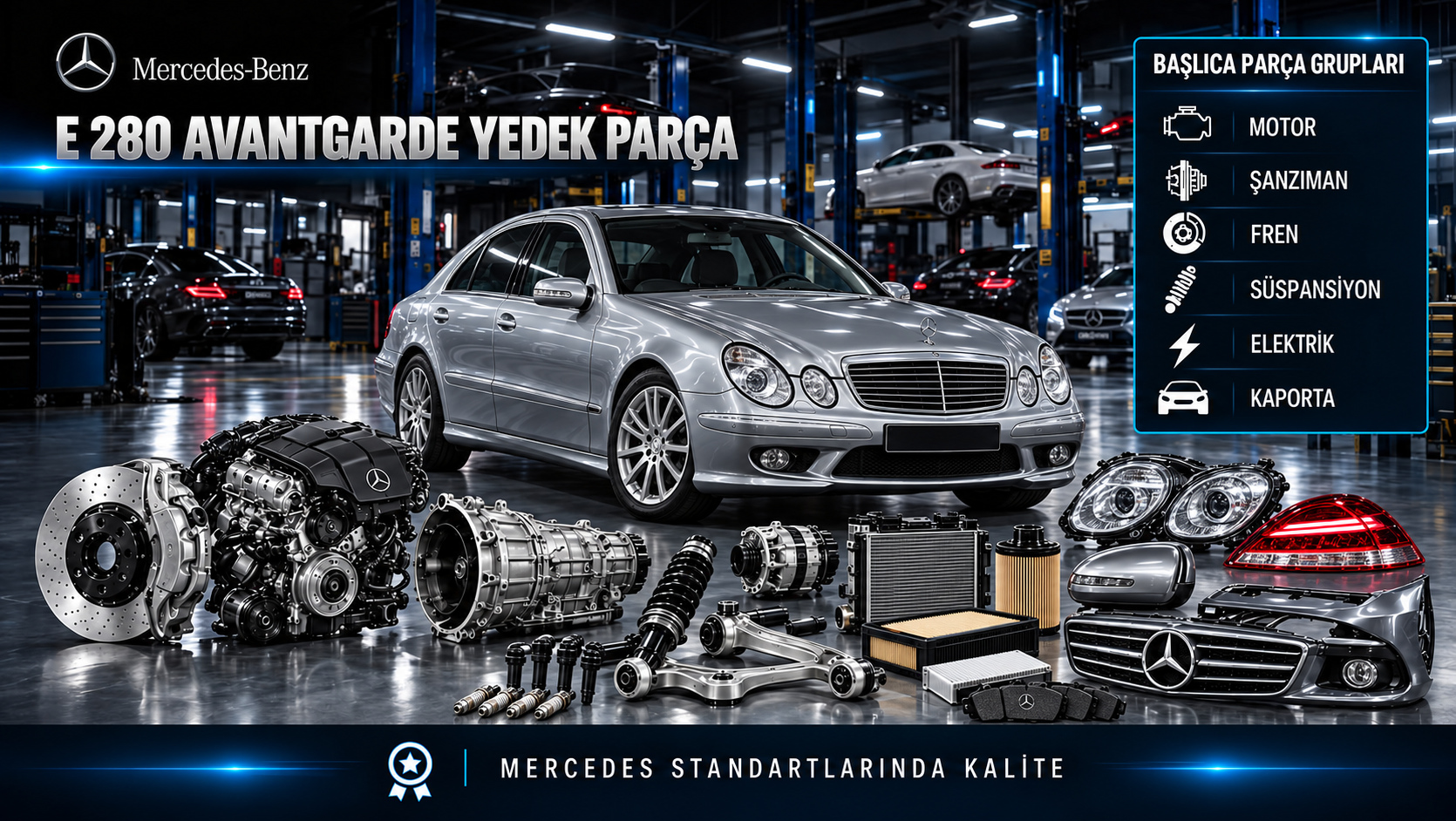 Mercedes-Benz E 280 Avantgarde için benzinli motor, ateşleme, bakım, soğutma, fren ve gövde parçalarını gösteren kategori görseli