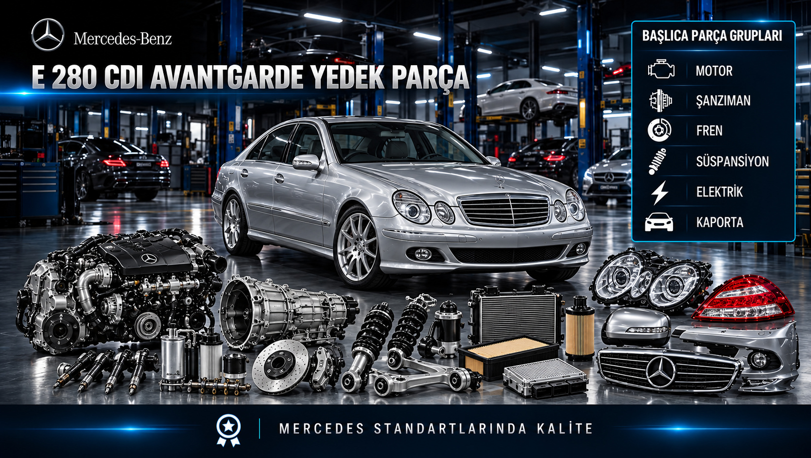 Mercedes-Benz E 280 CDI Avantgarde için dizel motor, yakıt, bakım, soğutma, fren ve konfor parçalarını gösteren kategori görseli
