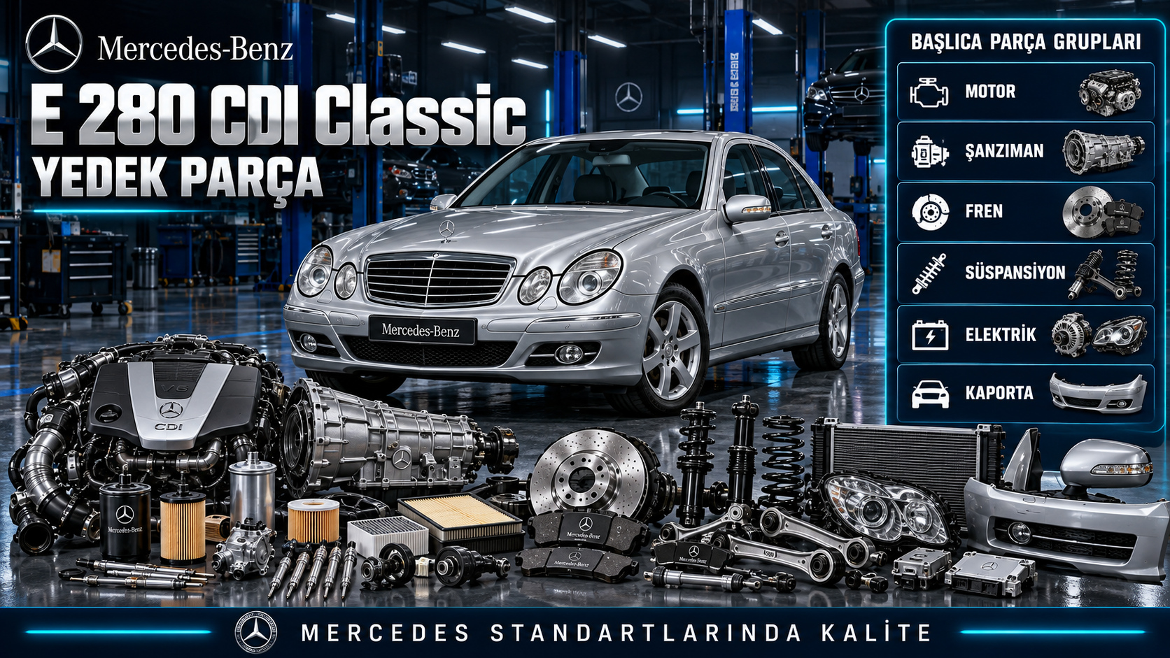 Mercedes E 280 CDI Classic dizel motor, bakım filtreleri, fren ve süspansiyon parçaları