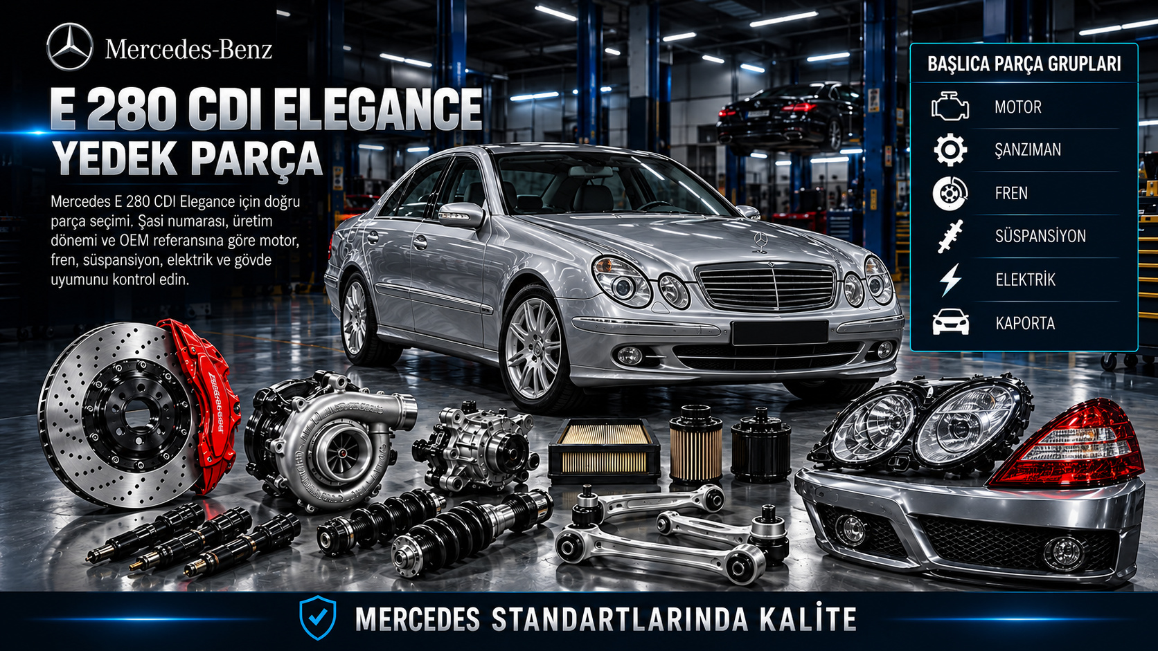 Mercedes-Benz E 280 CDI Elegance motor, bakım, fren ve gövde parçaları kategori görseli