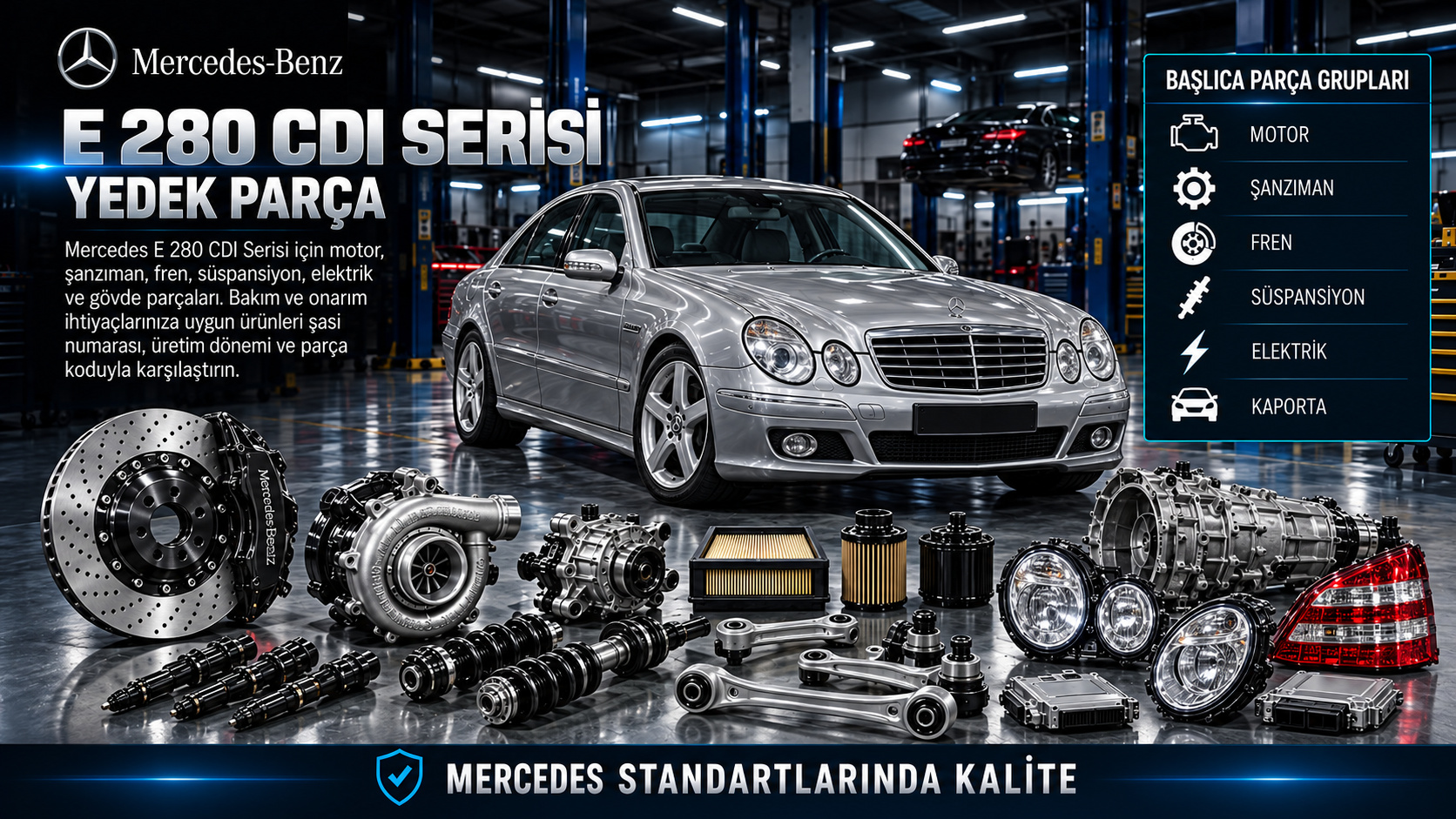 Mercedes E 280 CDI dizel motor, enjektör, turbo, soğutma ve bakım parçaları