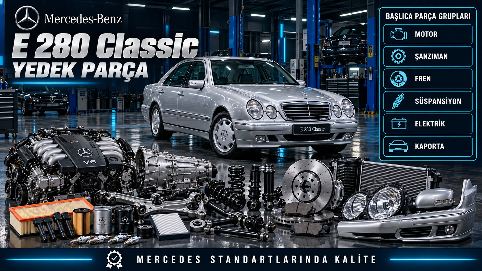 Mercedes E 280 Classic motor, ateşleme, fren, aktarma ve gövde parçaları