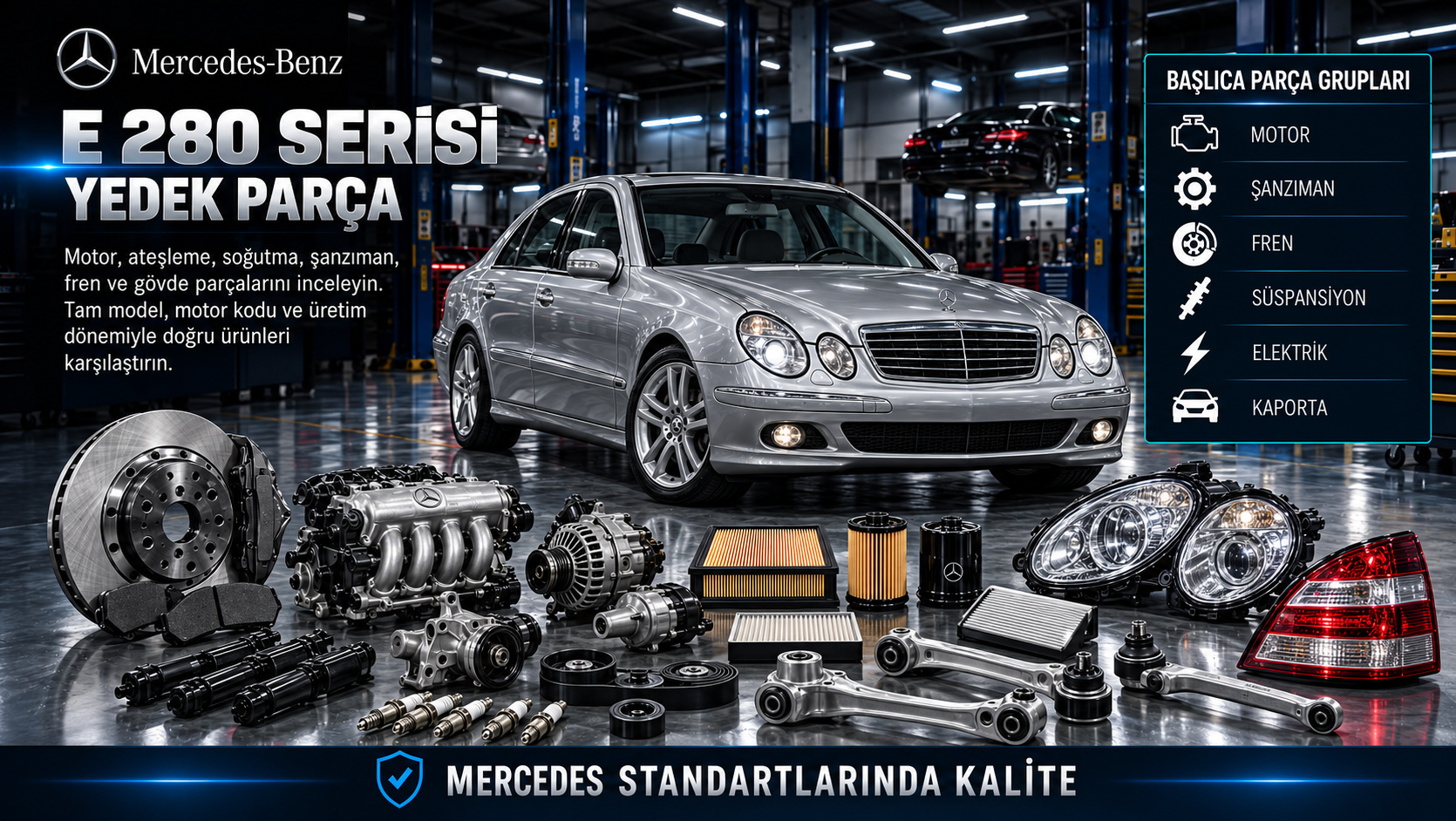 Mercedes E 280 Serisi motor, ateşleme, soğutma, şanzıman, fren ve kaporta parçaları