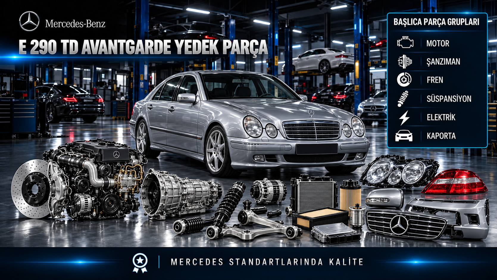 Mercedes-Benz E 290 TD Avantgarde için turbo dizel motor, yakıt, bakım, soğutma, fren ve gövde parçalarını gösteren kategori görseli