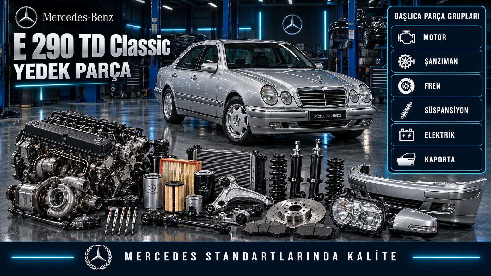 Mercedes E 290 TD Classic turbo dizel bakım, hava hattı, fren ve gövde parçaları