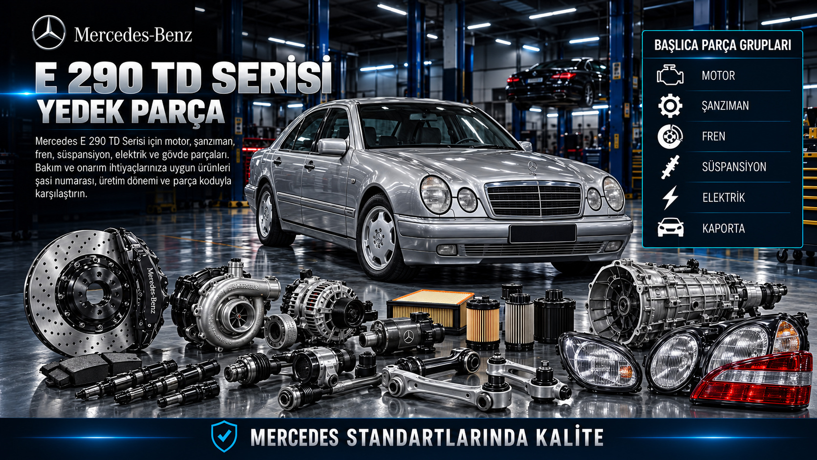 Mercedes E 290 TD dizel motor, yakıt, turbo, kızdırma ve soğutma parçaları