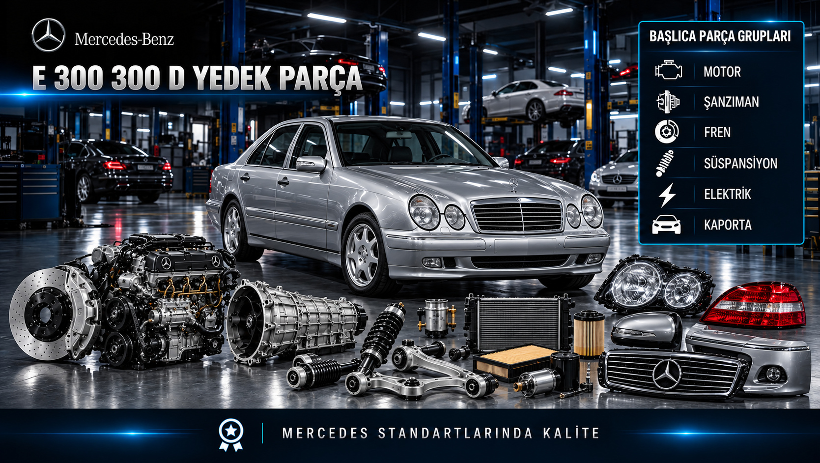 Mercedes-Benz E 300 300 D için dizel motor, yakıt, bakım, soğutma, fren ve gövde parçalarını gösteren kategori görseli