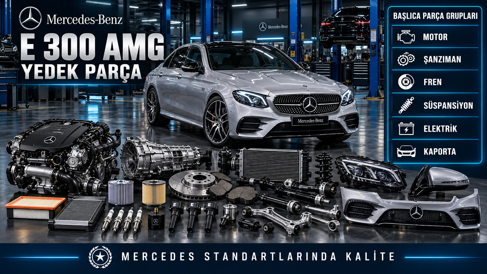 Mercedes E 300 AMG motor bakım, fren, süspansiyon ve AMG gövde parçaları