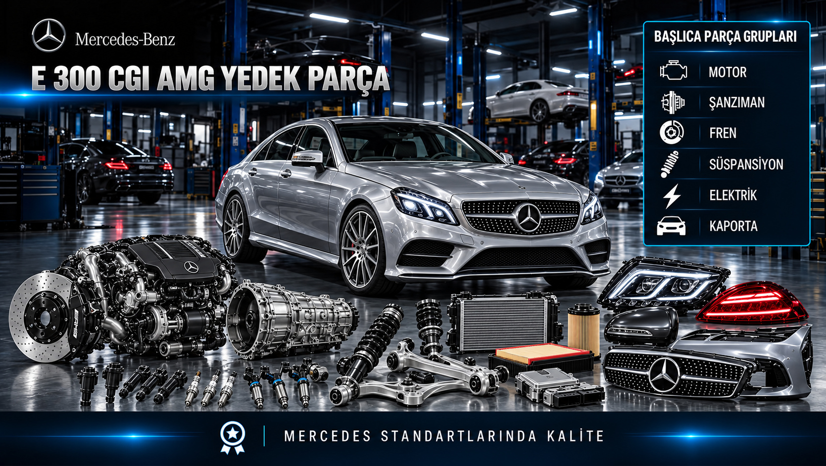 Mercedes-Benz E 300 CGI AMG için benzinli motor, yakıt enjeksiyonu, ateşleme, bakım ve AMG gövde parçalarını gösteren kategori görseli