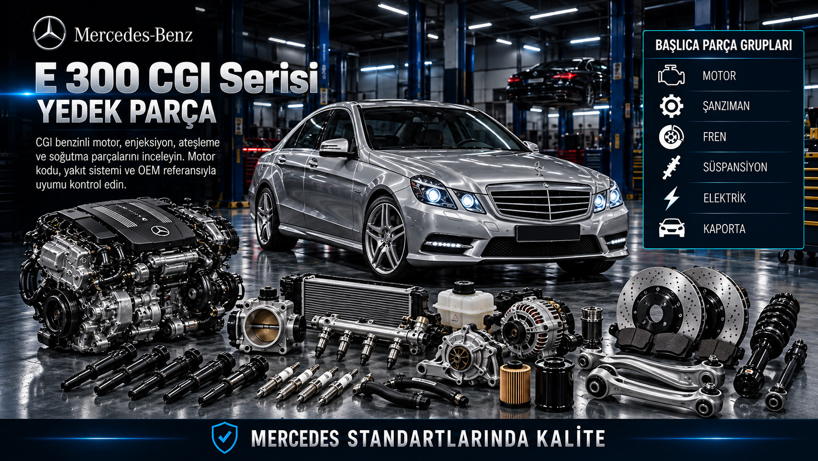 Mercedes E 300 CGI Serisi Yedek Parça: motor, aktarma, fren, süspansiyon ve gövde parçaları