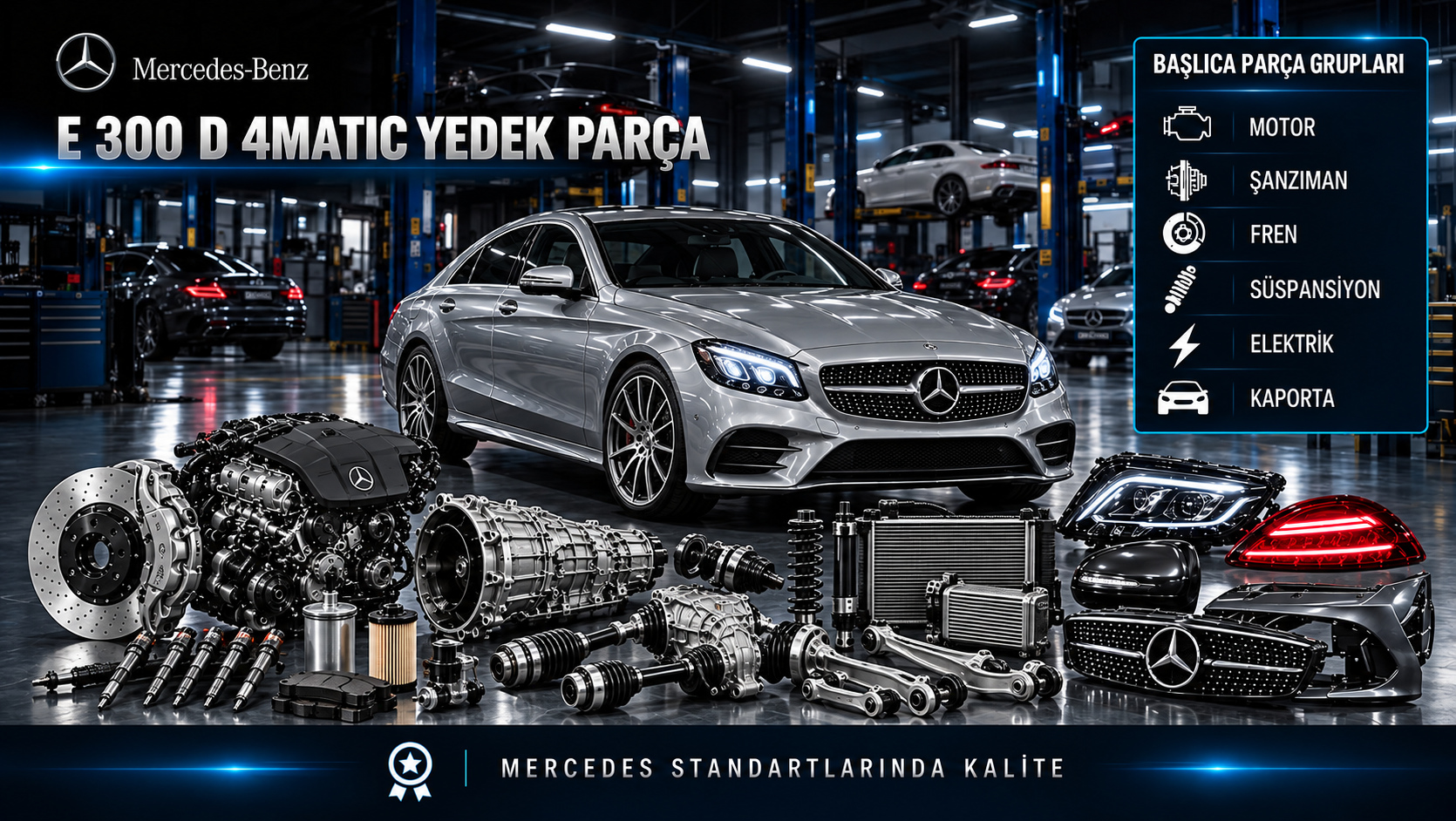 Mercedes-Benz E 300 D 4MATIC için dizel motor, yakıt, şanzıman, dört tekerlekten çekiş ve şasi parçalarını gösteren kategori görseli