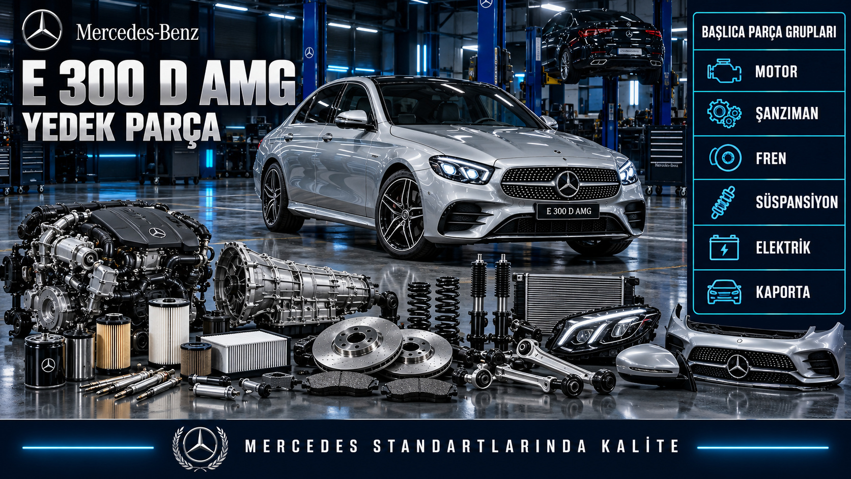 Mercedes E 300 D AMG dizel motor bakım, fren, süspansiyon ve AMG gövde parçaları
