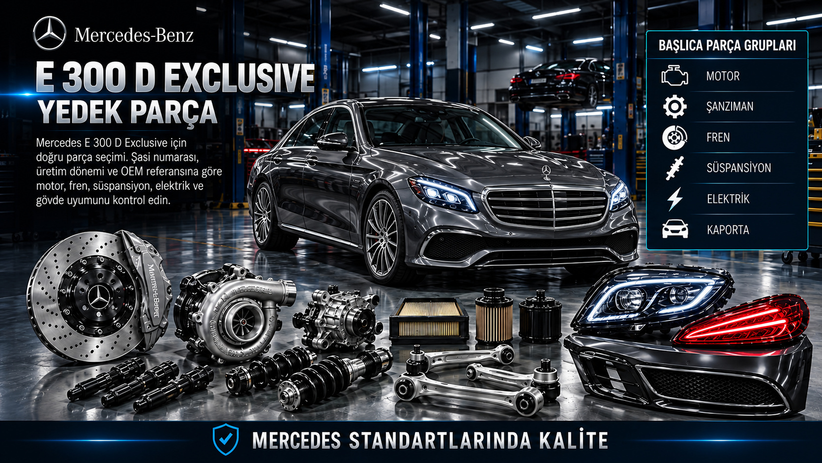 Mercedes-Benz E 300 D Exclusive dizel motor, yakıt, bakım ve gövde parçaları