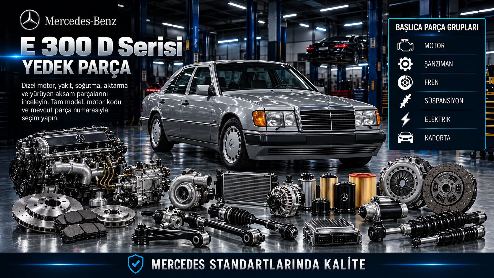 Mercedes E 300 D Serisi Yedek Parça: motor, aktarma, fren, süspansiyon ve gövde parçaları