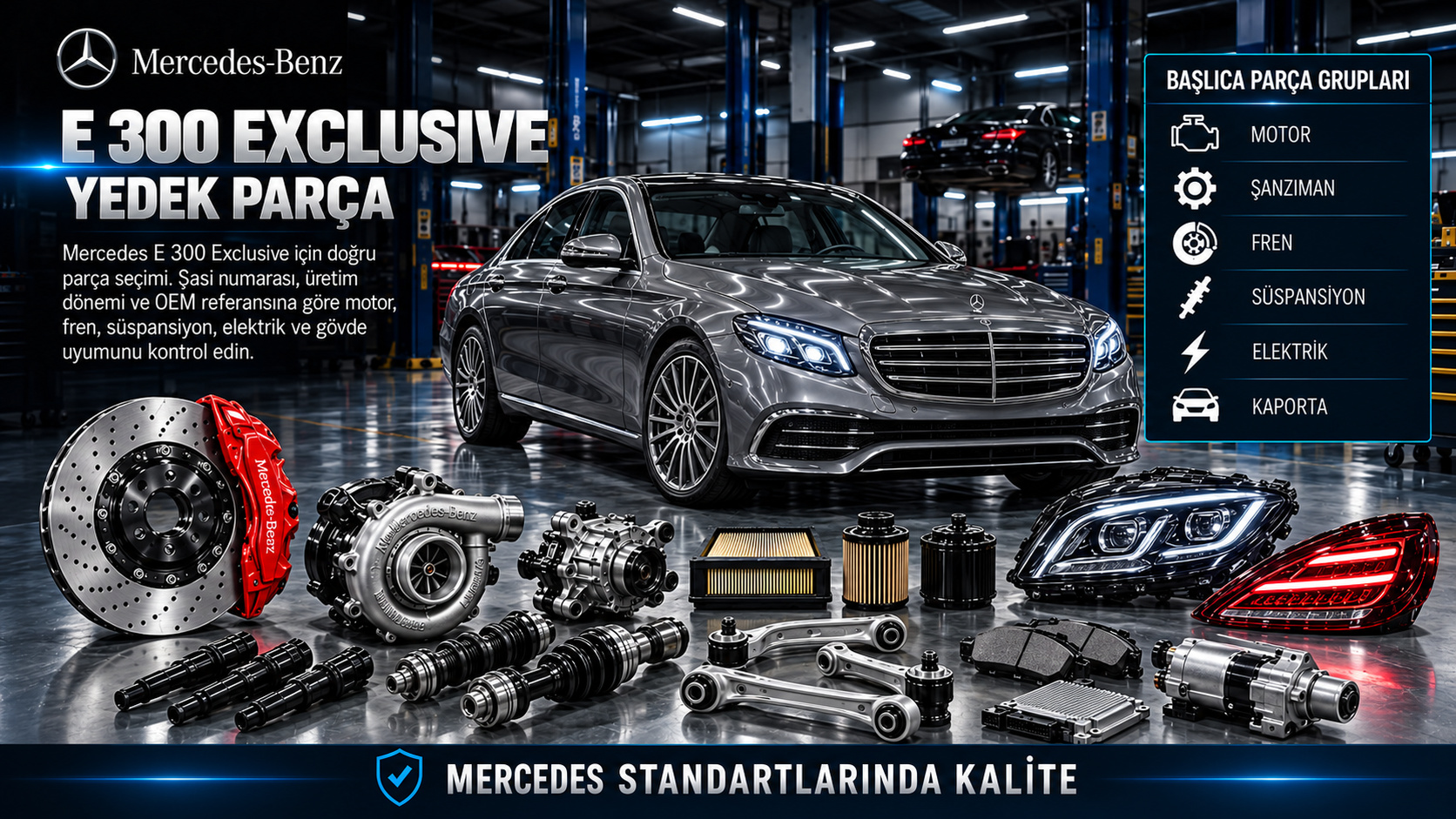 Mercedes-Benz E 300 Exclusive motor, bakım, fren ve konfor parçaları kategori görseli