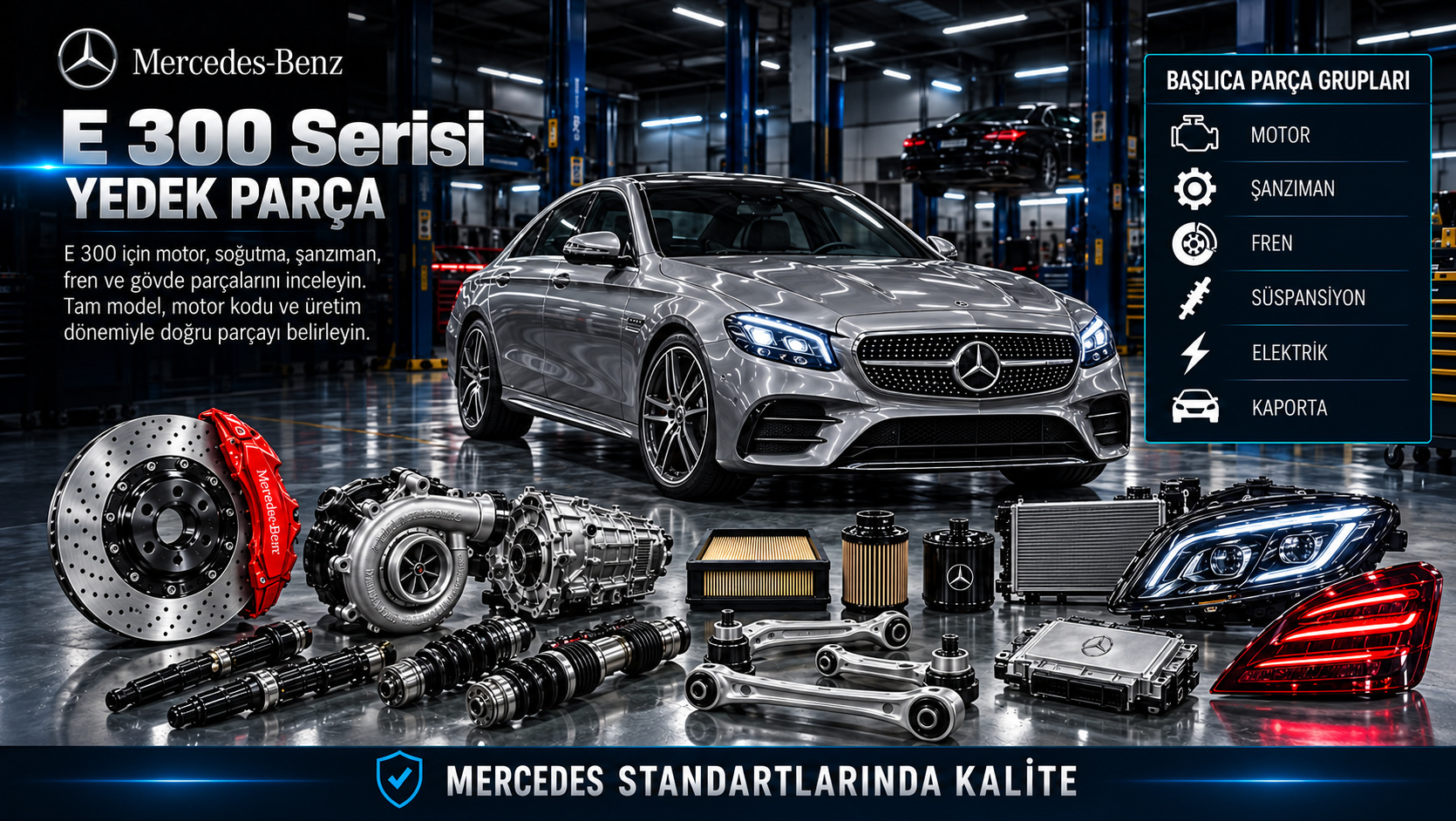 Mercedes E 300 Serisi Yedek Parça: motor, aktarma, fren, süspansiyon ve gövde parçaları