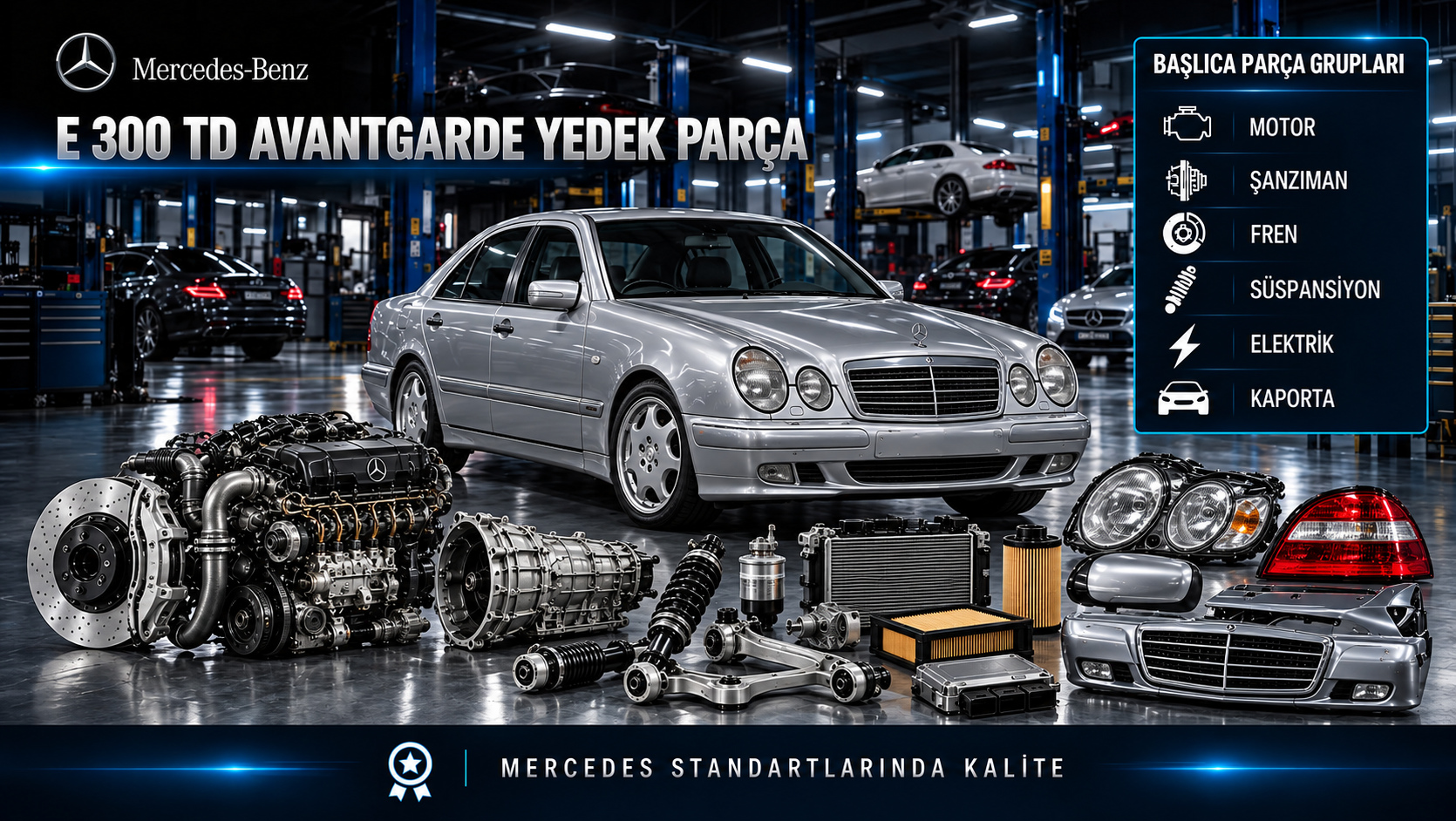 Mercedes-Benz E 300 TD Avantgarde için turbo dizel motor, yakıt, bakım, soğutma, fren ve gövde parçalarını gösteren kategori görseli