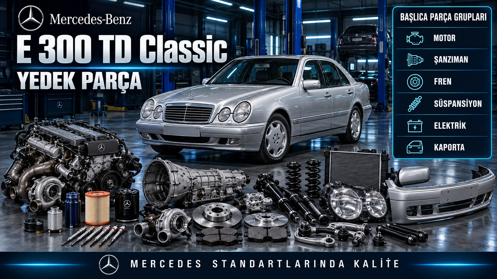 Mercedes E 300 TD Classic turbo dizel motor, bakım, fren ve süspansiyon parçaları