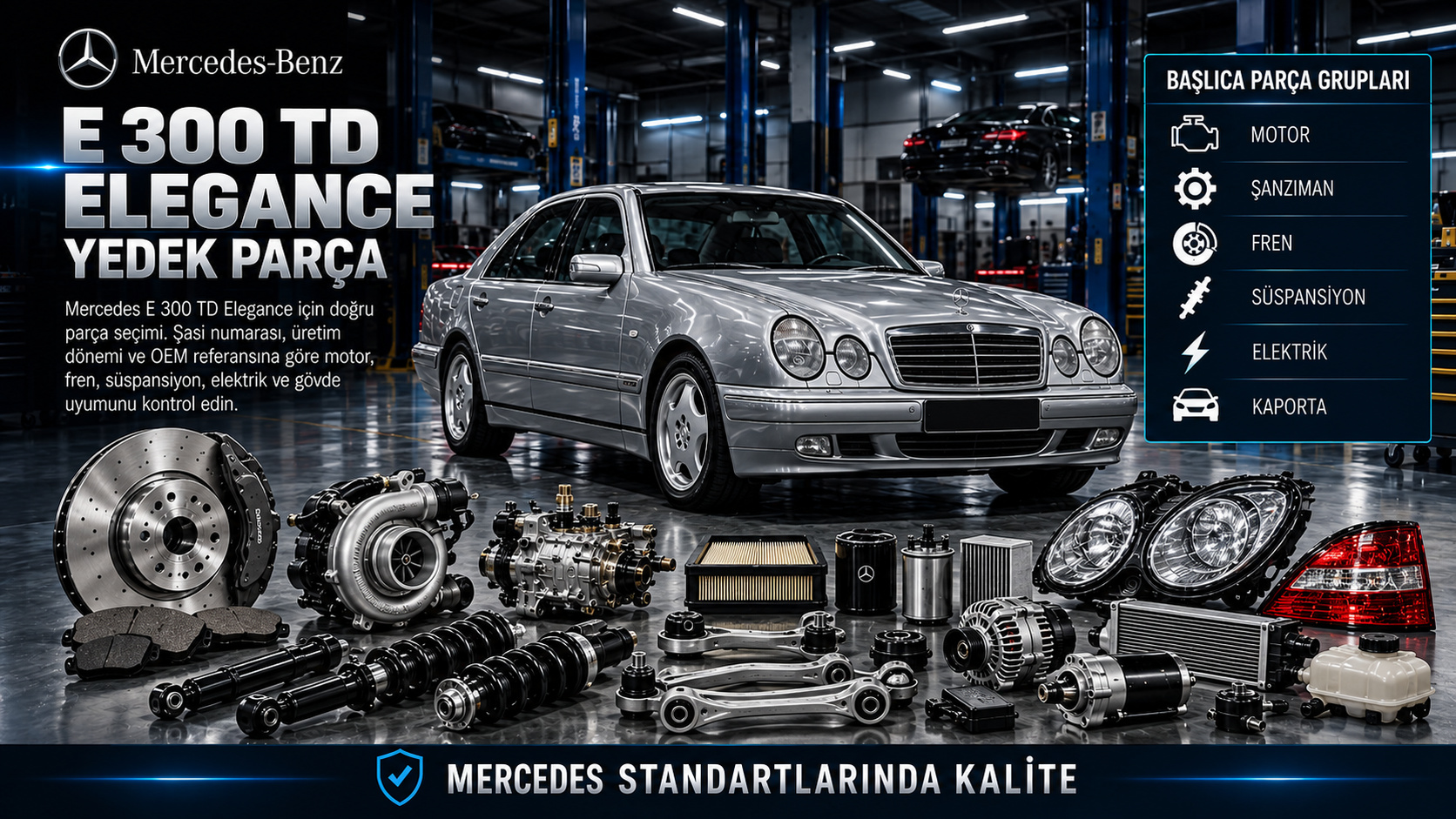 Mercedes-Benz E 300 TD Elegance turbo dizel bakım, fren ve klasik gövde parçaları