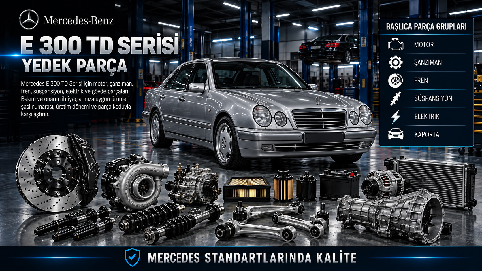 Mercedes E 300 TD için dizel motor, turbo, yakıt ve mekanik bakım parçaları