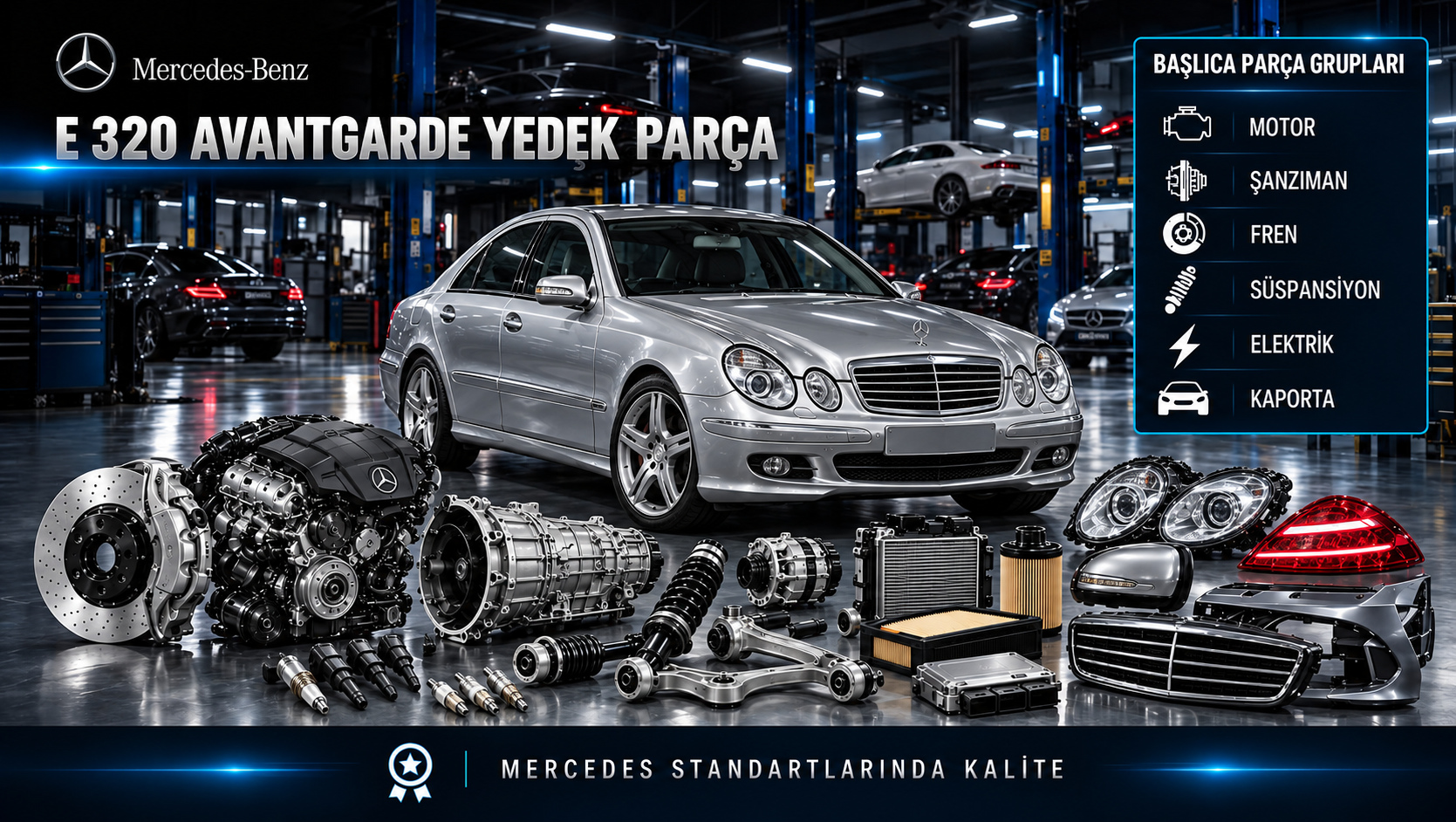Mercedes-Benz E 320 Avantgarde için benzinli motor, ateşleme, bakım, şanzıman, fren ve konfor parçalarını gösteren kategori görseli