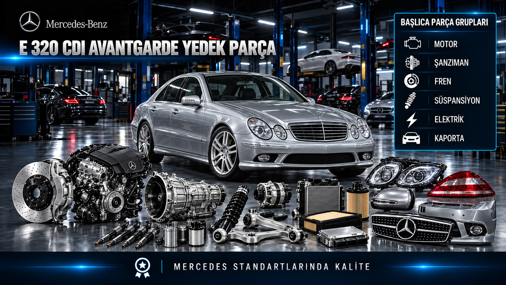 Mercedes-Benz E 320 CDI Avantgarde için dizel motor, yakıt, bakım, soğutma, fren ve konfor parçalarını gösteren kategori görseli