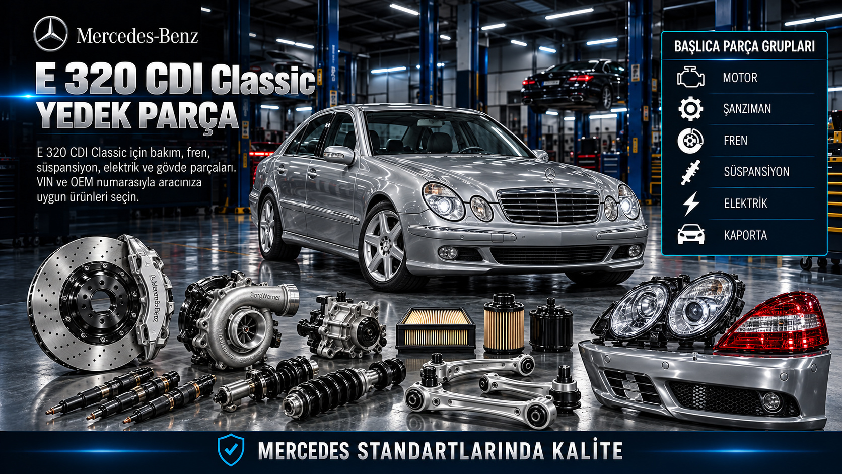 Mercedes-Benz E 320 CDI Classic dizel motor, yakıt, filtre, fren ve süspansiyon parçaları