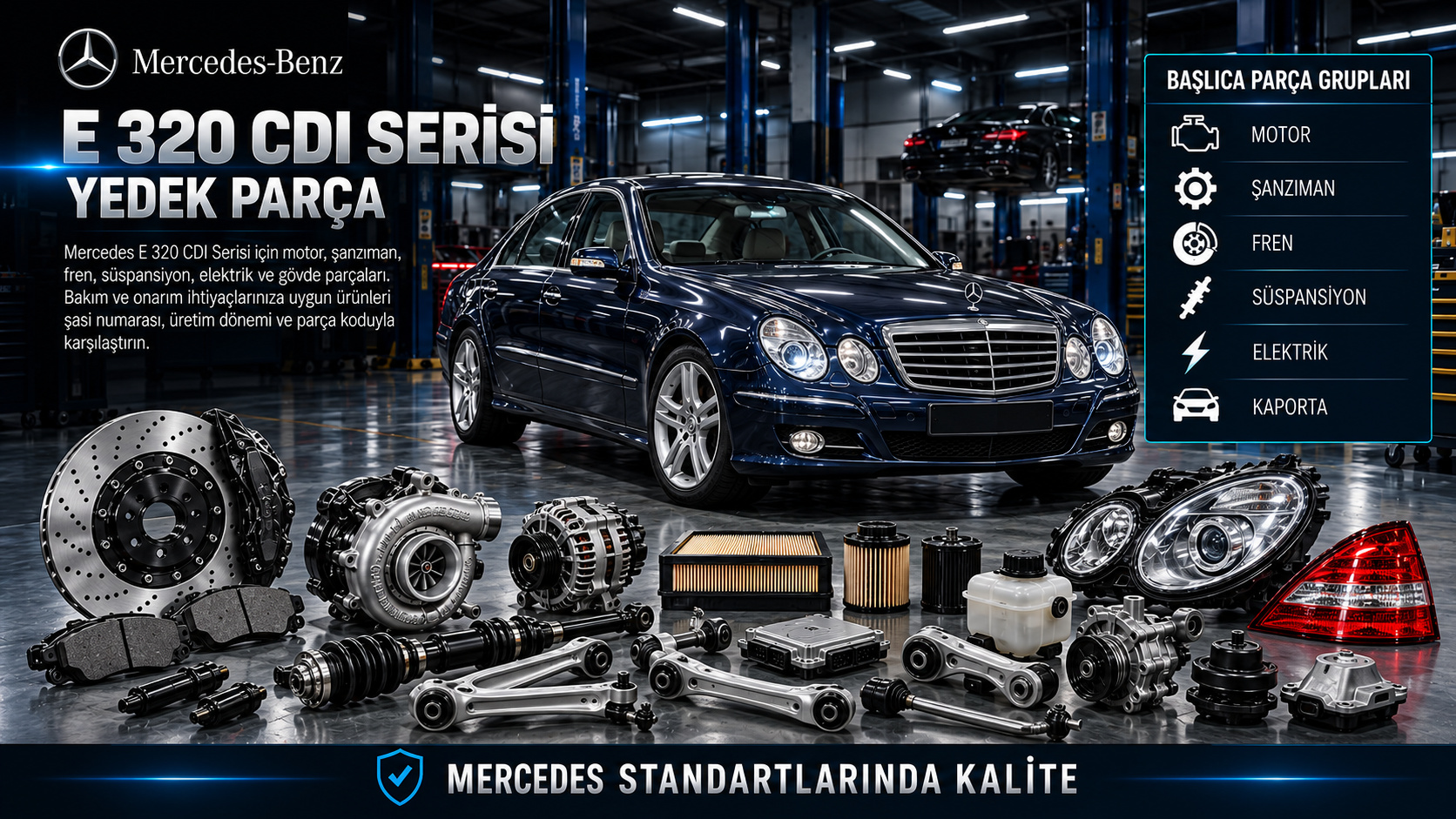 Mercedes E 320 CDI dizel motor, enjeksiyon, turbo, fren ve süspansiyon parçaları