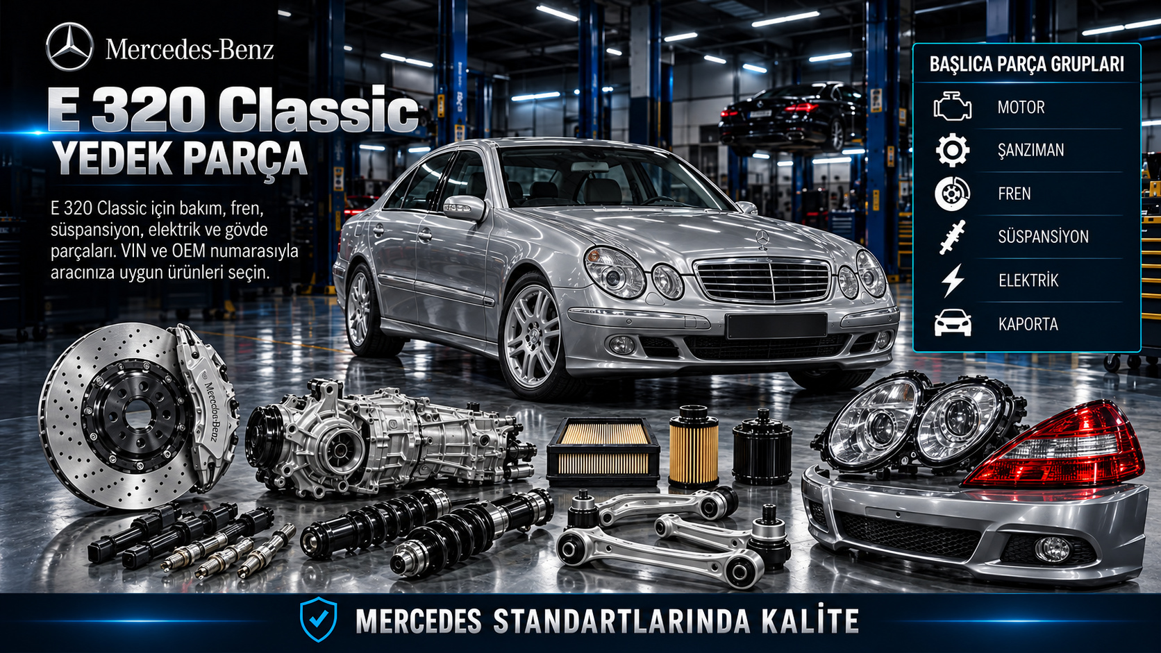 Mercedes-Benz E 320 Classic motor, bakım, fren, süspansiyon ve gövde yedek parçaları