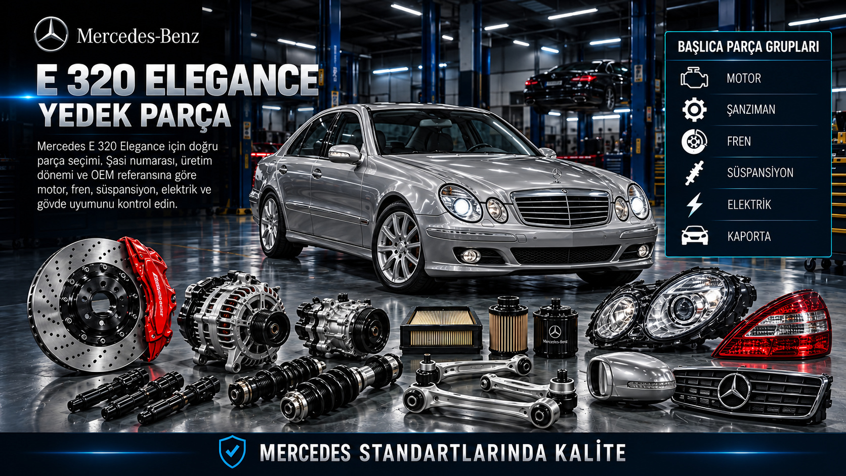 Mercedes-Benz E 320 Elegance motor, ateşleme, bakım ve konfor parçaları