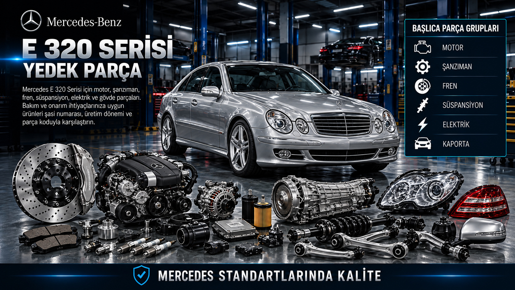Mercedes E 320 benzinli motor bakım, ateşleme, fren ve süspansiyon parçaları