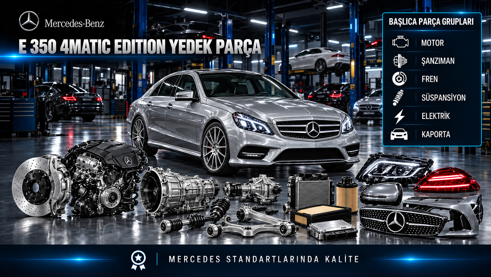 Mercedes-Benz E 350 4MATIC Edition için motor, bakım, dört tekerlekten çekiş, fren ve konfor parçalarını gösteren kategori görseli