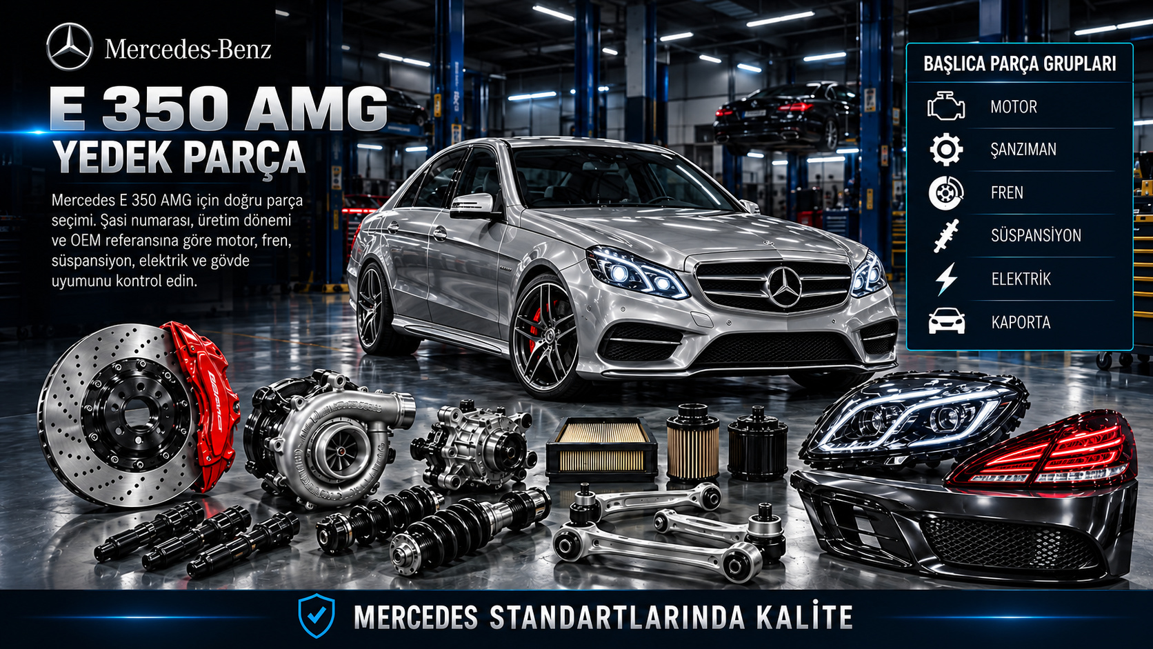Mercedes-Benz E 350 AMG donanımlı araç için motor, bakım, fren ve gövde parçaları
