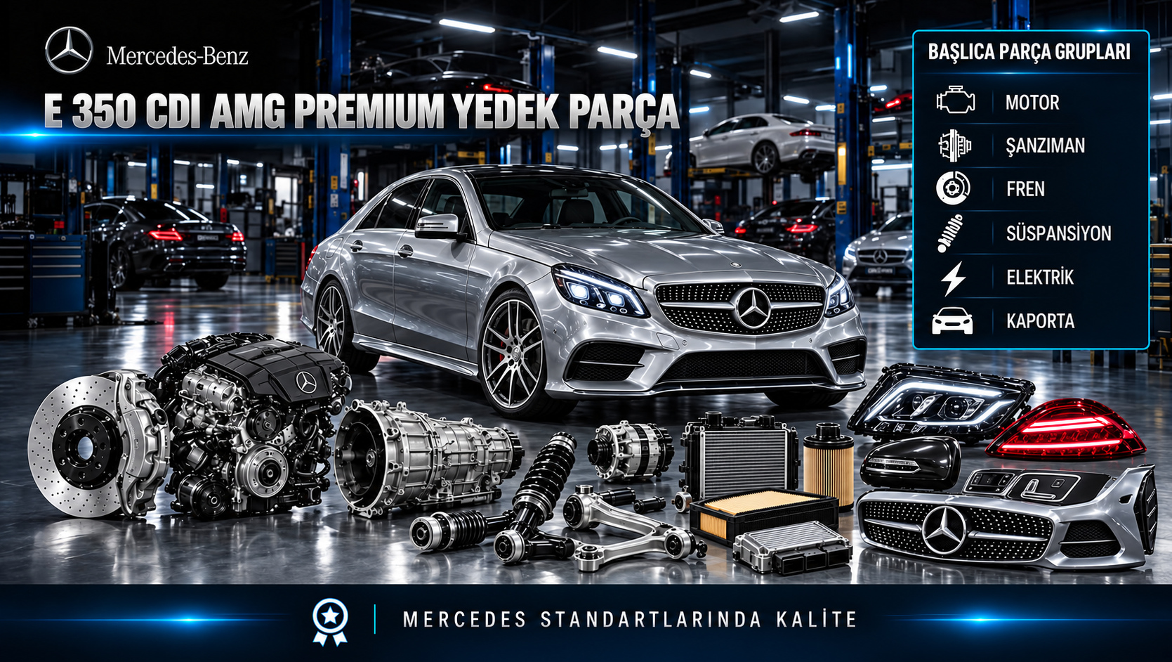 Mercedes-Benz E 350 CDI AMG Premium için dizel motor, bakım, yakıt, fren, süspansiyon ve konfor parçalarını gösteren kategori görseli
