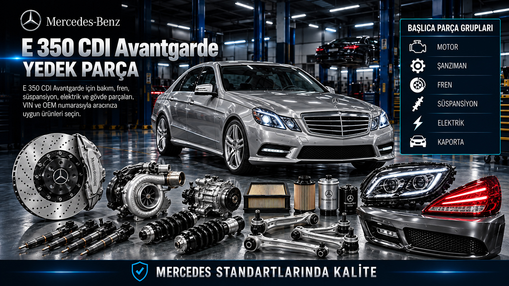 Mercedes-Benz E 350 CDI Avantgarde dizel bakım, turbo, fren, süspansiyon ve kaporta parçaları