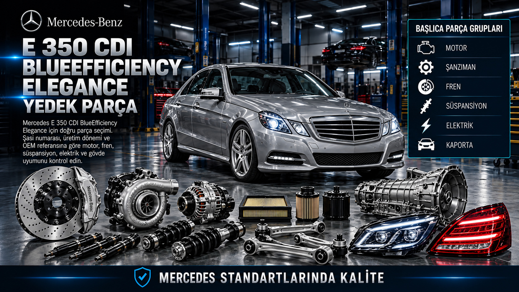 Mercedes-Benz E 350 CDI BlueEfficiency Elegance dizel motor, bakım ve donanım parçaları