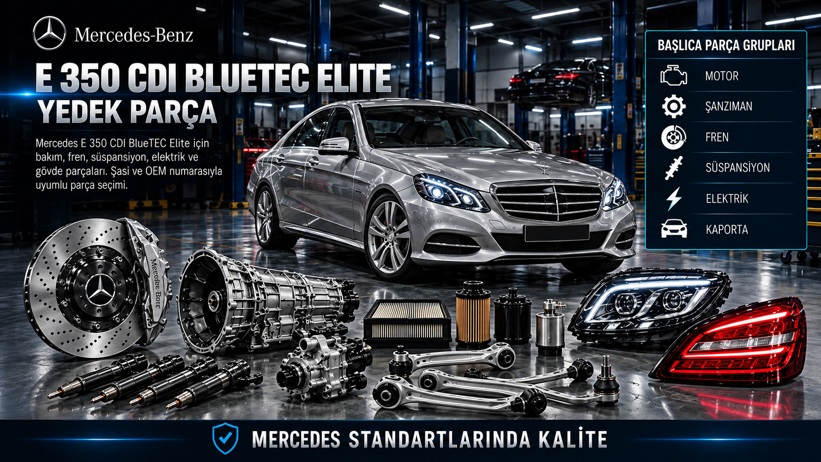 Mercedes E 350 CDI BlueTEC Elite dizel motor, yakıt sistemi, egzoz arıtma, şanzıman ve gövde parçaları