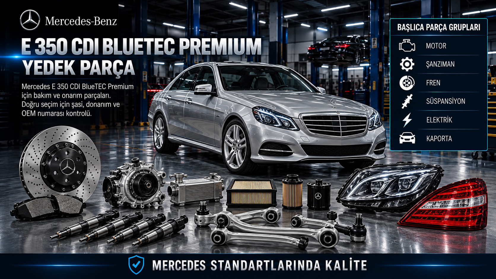 Mercedes E 350 CDI BlueTEC Premium dizel bakım, emisyon sensörü, fren ve süspansiyon parçaları